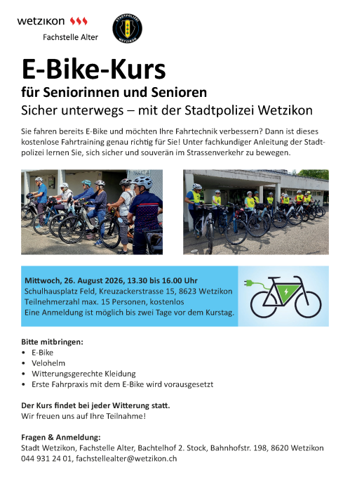 E-Bike Kurs Mittwoch, 26. August 2026, 13.30 bis 16.00 Uhr