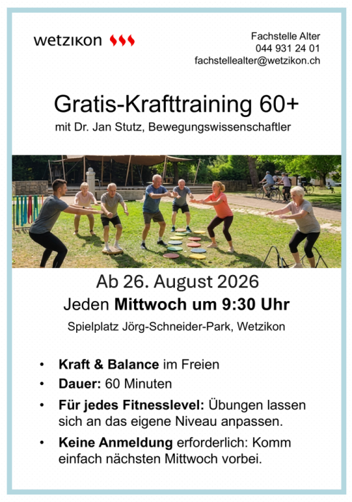 Gratis-Krafttraining 60 + ab Mittwoch, 26. August 2026 um 09.30 Uhr